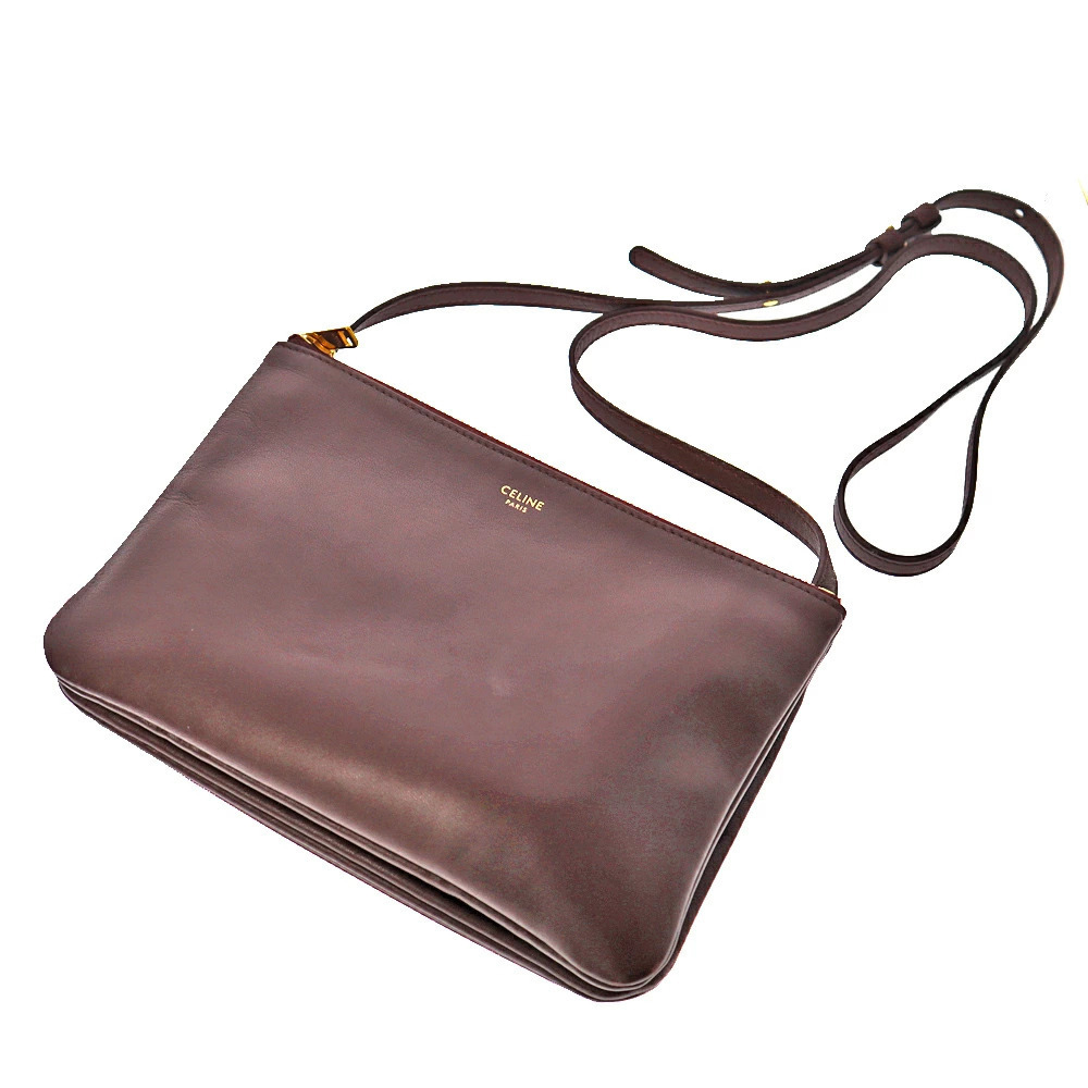 CELINE Trio Shoulder Bag Clutch Leather Smooth Lambskin Brown